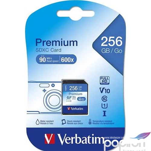 Memőriakártya microSDXC 256GB VERBATIM Premium adapterrel 70/10MB/s Adattárolók VERBATIM 44087