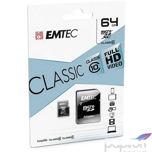Memóriakártya microSDXC 64GB CL10 46011 MB/s adapter EMTEC Classic