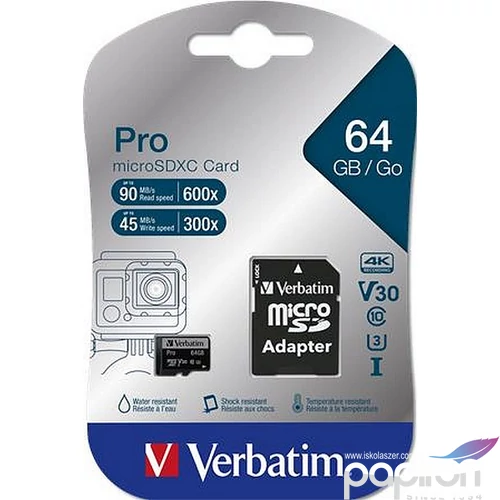 Memóriakártya microSDXC 64GB VERBATIM PRO adapterrel 90/45MB/s Adattárolók VERBATIM 47042