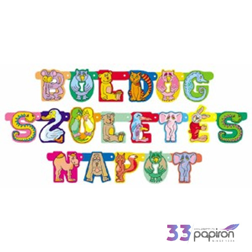 Party banner papír fűzér 2,2m Boldog születésnap állatos