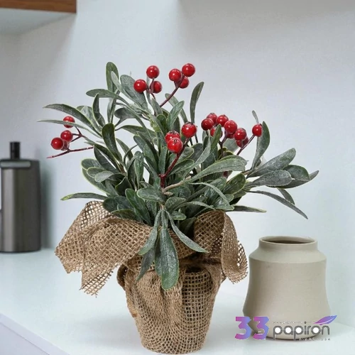 Selyemvirág - művirág 24' zöld növény piros bogyóval Juta zsákban 23cm sdkae