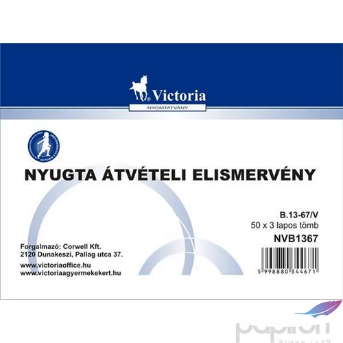 Ny. B 13-67/V Nyugta kp. átvételi elismervény A6 50x3 NVB1366