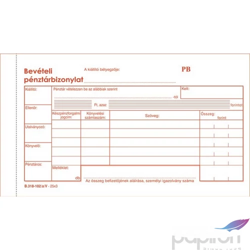 Ny B 318-102 bevételi C Bevételi pénztárbizonylat 25x3 NVB318102AV