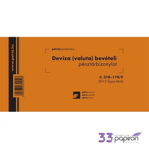 Ny C 318-119 bevételi deviza Bevételi pénztárbizonylat Deviza Pátria