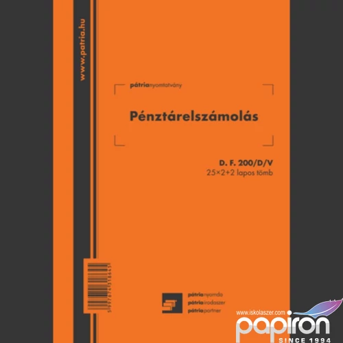 Ny D F 200/d pénztárelszámolás Pénztárelszámolás 25x2+2 lapos A5 álló Pátria