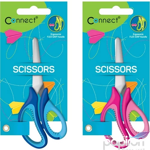 Olló 13cm Connect iskolai olló,mérőskálával gumírozott fogóval, műanyag élvédővel