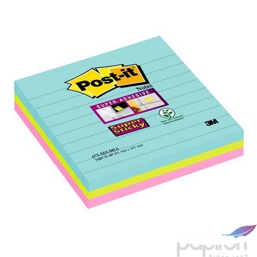 Öntapadós jegyzettömb 101x101m vonalas, 3x70 lap, 3M POSTIT Super Sticky Miami", vegyes színek