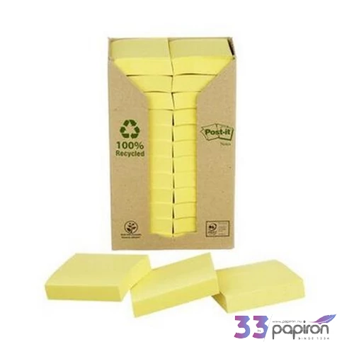 Öntapadós jegyzettömb 38x51mm 24x100 lap, környezetbarát, 3M POSTIT sárga