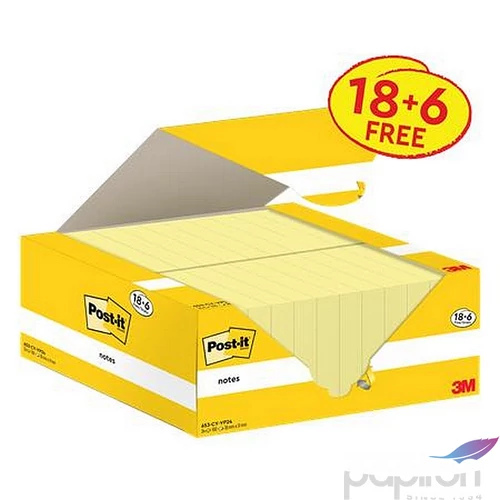 Öntapadós jegyzettömb 3MPostit 38x51 mm, 18+6x100 lap, kanári sárga 