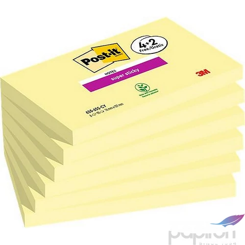 Öntapadós jegyzettömb 3MPostit 76x127 mm, 4+2x90 lap, Super Sticky kanári sárga