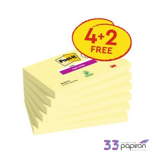 Öntapadós jegyzettömb 3MPostit 76x127 mm, 4+2x90 lap, Super Sticky kanári sárga