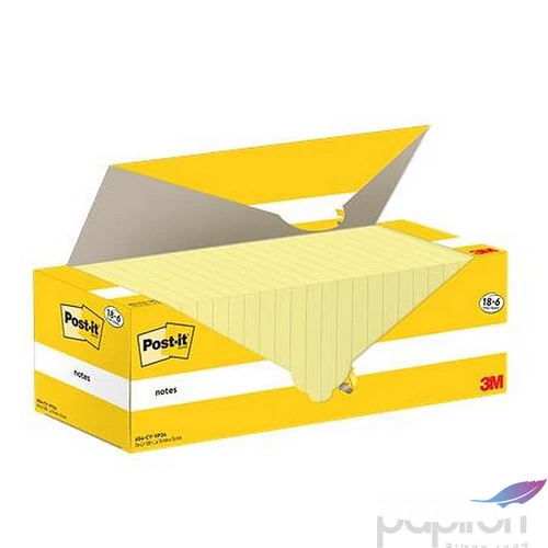 Öntapadós jegyzettömb 3MPostit 76x76 mm, 18+6x100 lap, kanári sárga 