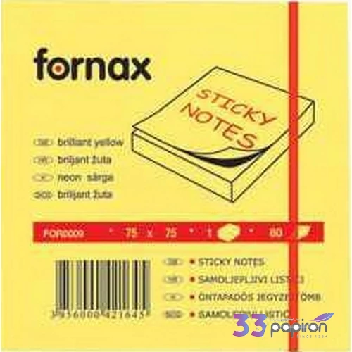 Öntapadós jegyzettömb 75x75 Fornax neon sárga 80 lap