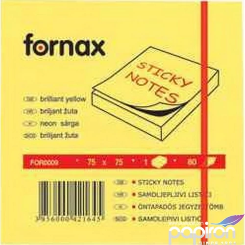 Öntapadós jegyzettömb 75x75 Fornax neon sárga 80 lap