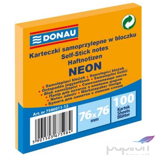 Öntapadós jegyzettömb Donau 76x76mm, 100 lap, neon narancssárga