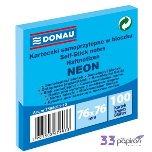 Öntapadós jegyzettömb Donau 76x76mm, 100 lap,neon kék D758610