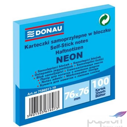 Öntapadós jegyzettömb Donau 76x76mm, 100 lap,neon kék D758610