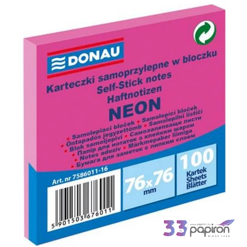 Öntapadós jegyzettömb Donau 76x76mm, 100 lap,neon rózsaszín D758616