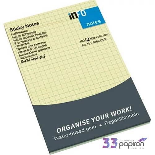 Öntapadós jegyzettömb Info Notes 100x150 mm 100 lapos sárga kockás
