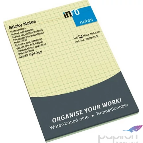 Öntapadós jegyzettömb Info Notes 100x150 mm 100 lapos sárga kockás