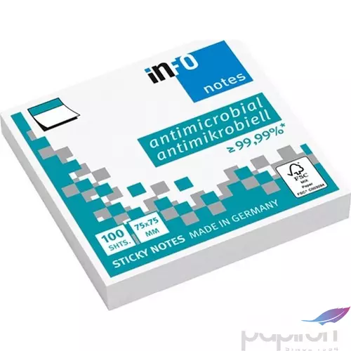 Öntapadós jegyzettömb Info Notes 75x75 mm 100 lapos fehér antimikrobiális