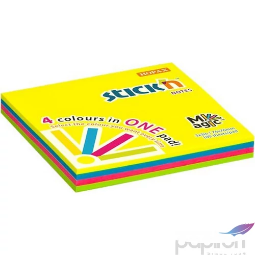 Öntapadós jegyzettömb Stick N 76x76 mm, 100 lap, Magic Pad neon színek 
