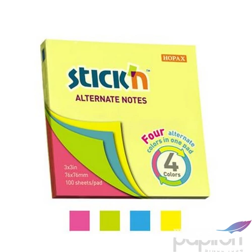 Öntapadós jegyzettömb Stick N 76x76 mm, 100 lap, neon színek 