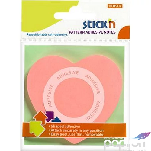 Öntapadós jegyzettömb Stick N szív alakú, 70x70 mm, 50 lap, rózsaszín 