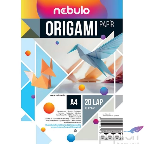 Origami lapok A4 20 lap/csom vegyes színek Nebulo 10x2 lap 80g