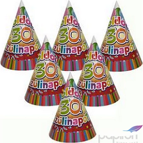 Party kalap Szülinapi színes Boldog 30. Szülinapot! feliratos lufis parti kalap (6db/csomag) Happy Birthday