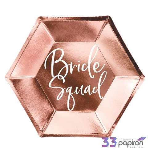 Party tányér 23cm rosegold, Bride squad felirattal 6db/csomag