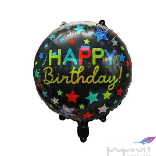 Party fólia lufi fekete, csillagos 45cm Happy Birthday felirattal