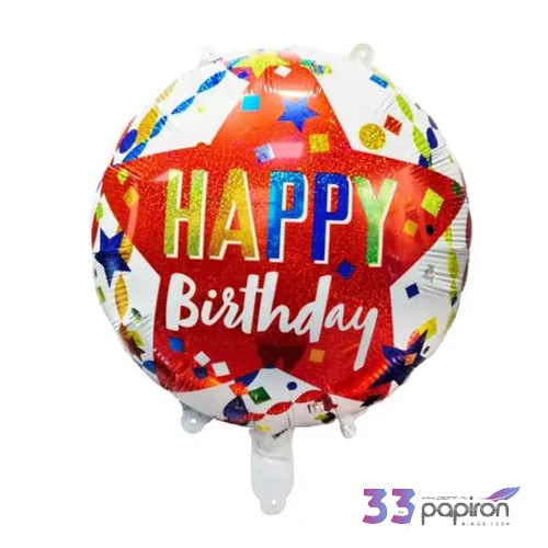 Party fólialufi fehér, piros csillagos 45cm Happy Birthday felirattal