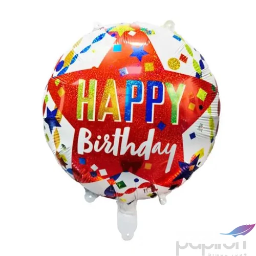 Party fólia lufi fehér, piros csillagos 45cm Happy Birthday felirattal