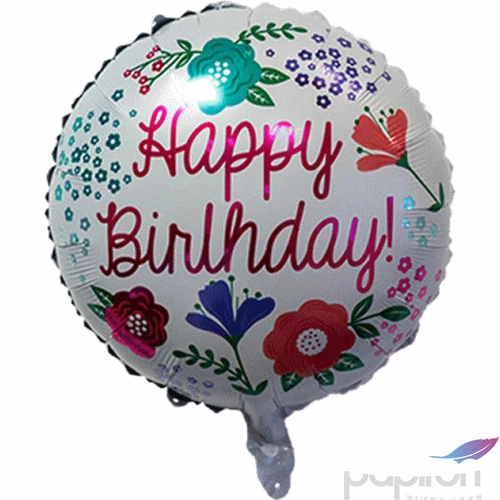 Party fólia lufi fehér, virágos Happy Birthday felirat 45cm