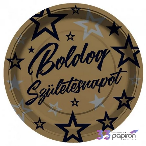 Party tányér 23cm arany, boldog születésnapot