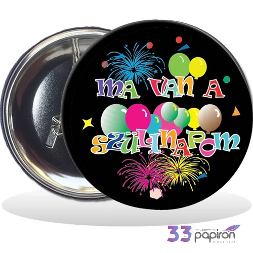 Party kitűző évszámos Ma van a szülinapom - fekete, 58 mm