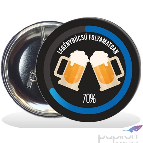 Party Party kitűző legénybúcsú 58mm, legénybúcsú folyamatban felirattal korsós