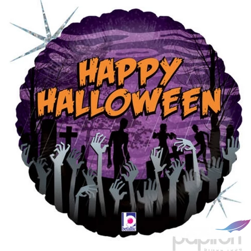 Party Lufi Halloween 46cm 21' Happy Hallowen felirat, zombi kezes hologrammos Fólia Léggömb+hélium