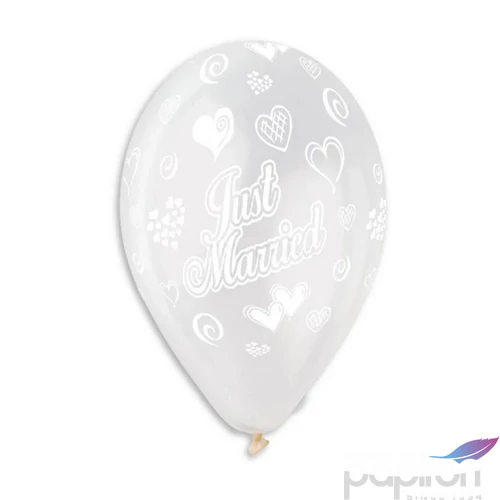 Party Lufi esküvői 30cm-es, Just Married szives átlátszó printelt, 10db/csomag