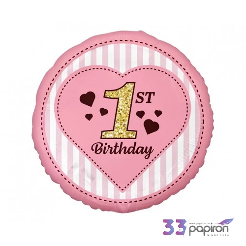 Partylufi fólia 18inch gömb alakú, Happy Birthday 1es rózsaszín Fólia léggömb+hélium