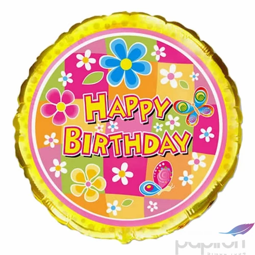Party Lufi fólia 45cm 18"-es, gömb alakú virágos Happy Birthday felirattal