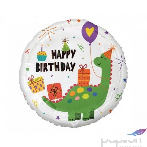 Party Lufi fólia szülinapra gömb alakú, Happy Birthday felirattal dínós, 18"-es, 36cm