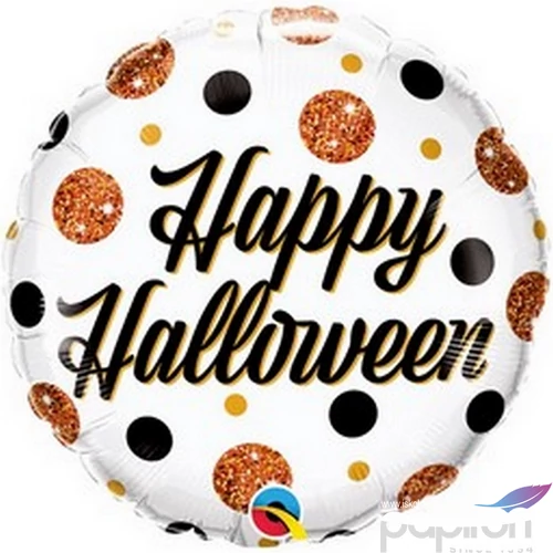 Party Lufi Halloween 18"-46cm Happy Halloween feliratos Sparkly Dots Fólia Léggömb+hélium