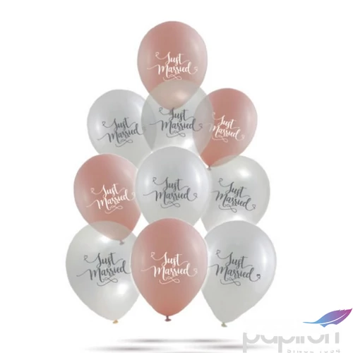 Party Lufi mintás átlátszó-rosegold-fehér, 30 cm 10 db/cs Just married felirattal
