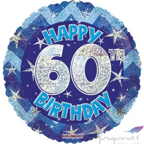 Party Lufi szülinapi 18"-46cm 60th Happy Birthday Blue Sparkle mintás Hologrammos Fólia Léggömb+hélium