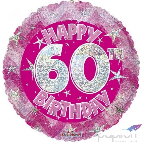 Party Lufi szülinapi 18"-46cm 60th Happy Birthday Pink Sparkle mintás Hologrammos Fólia Léggömb+hélium