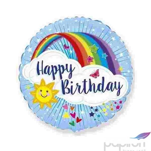 Party Lufi szülinapi 18"-46cm Szivárvány mintás kerek Happy Birthday! feliratos Fólia Léggömb+hélium