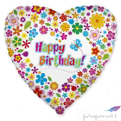 Party Lufi szülinapi 18"-46cm Virág mintás Szív alakú Happy Birthday! feliratos Fólia Léggömb+hélium