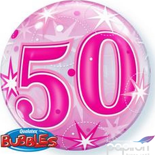 Party Lufi szülinapi 22"/56cm 50-es Pink Starburst Sparkle Bubble Számos Csillagos Fólia Léggömb+hélium